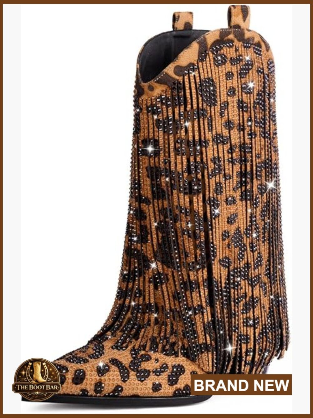 Cowgirl Rhinestone Fringe Boots with Pointed Toe Chunky Heel Pull-On Wide Calf - Picture 1 of 7